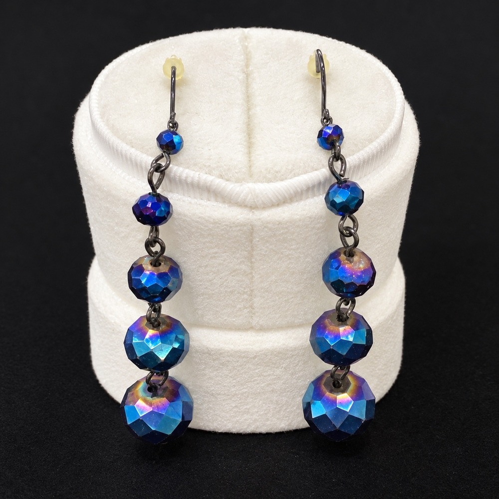 Hoop Dangle Earrings Blue Yellow Crystal Silver Tone Round Drop French Hook